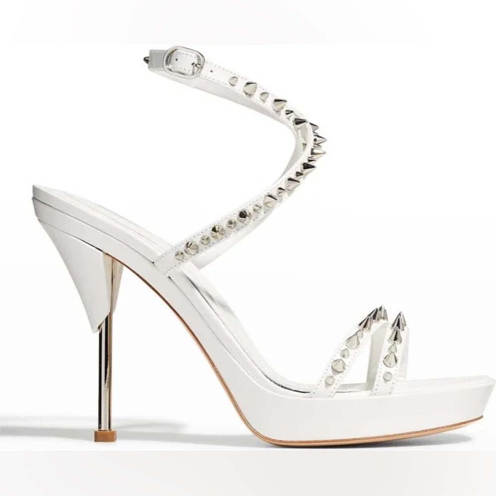 Alexander McQueen White Punk Stud Leather Ankle-Strap metal heel stiletto sz 9